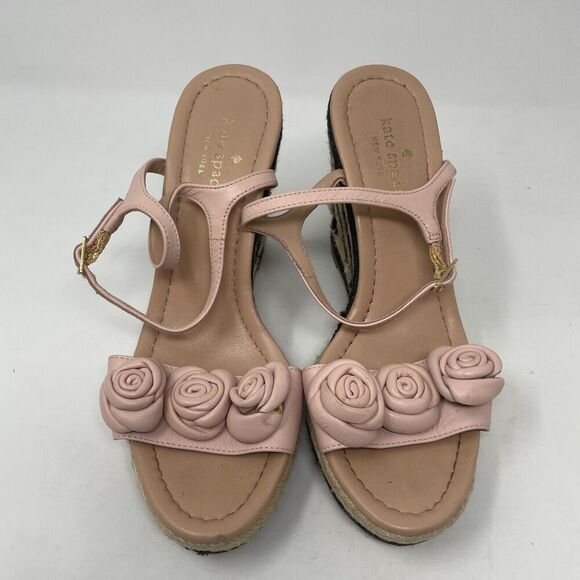 Kate Spade NY Pink Rosette Espadrille Wedge Sandals Size 7 Leather Floral Heel - Picture 2 of 10